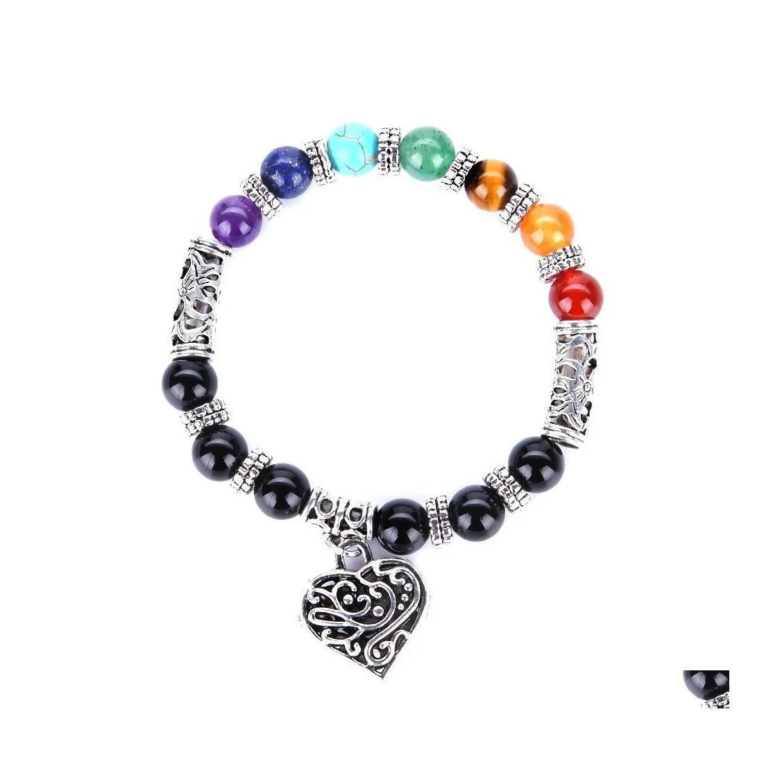 Bracelets de charme Moda 7 Chakra Heart Bracelet 8mm Minchas colorf Stone Reiki Buda Oração Yoga Natural para Mulheres Direcionar