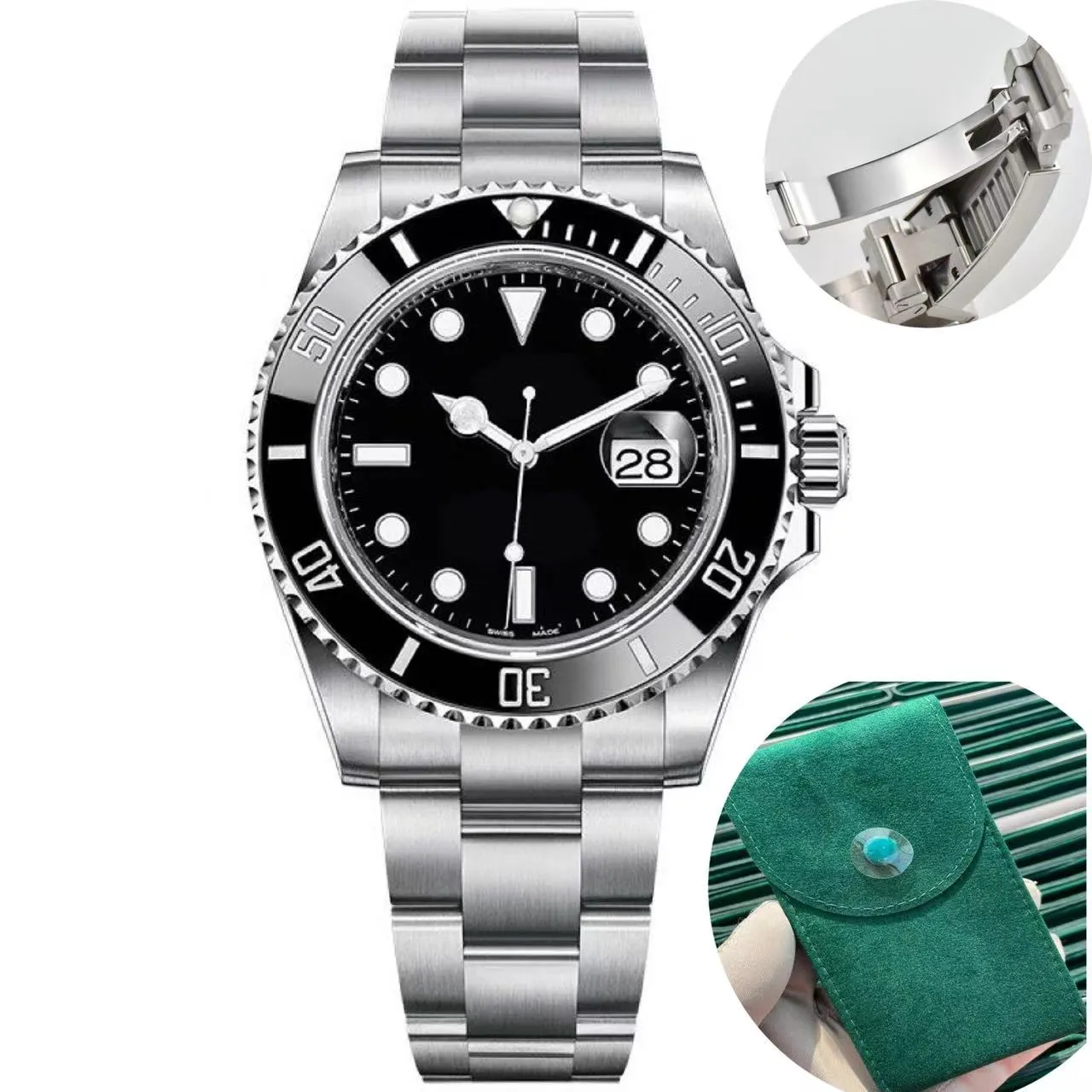 MENS Watch With Green Bag Glide Lock Ceramic Bezel Sapphire Automatisk rörelse Watches High Quality Designer Watch Orologio Uomo Sub Montre de Luxe AAA