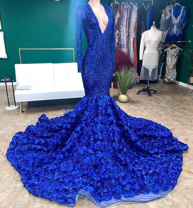 2023 년 4 월 Aso Ebi Royal Blue Prom Drees Mermaid Lace 섹시한 저녁 공식 파티 두 번째 리셉션 생일 약혼 가운 드레스 Robe de Soiree ZJ371