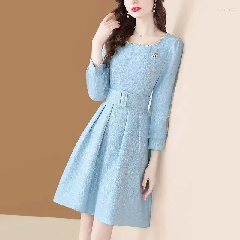 Women's Elegant Knee-Length Pink Dress with Long Sleeve A-Line Midi