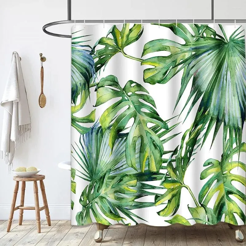 Rideaux de douche Rideau de plante tropicale Feuilles de palmier vertes Aquarelle Botanique Décor de salle de bain Tissu en polyester imperméable avec crochets