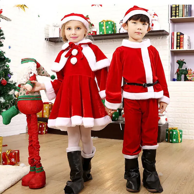 Tuxedos Dzieci dziecko Bożego Narodzenia Cosplay Cosplay Święty Mikołaj Baby Xmas Strój Set Sukienka Spodnie Tops Pasek Pasek dla chłopców Dziewczyny 231109