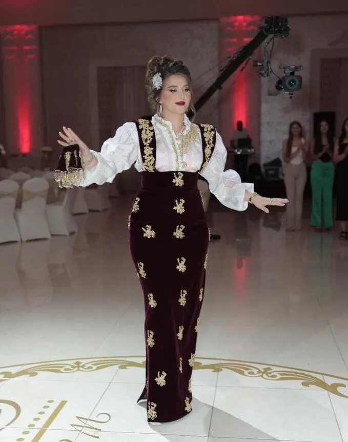 Burgundy Belvet Ankle-length Prom Dress for Women Algerian outfits Karakou Long Sleeve Arabic Caftan Evening Gown