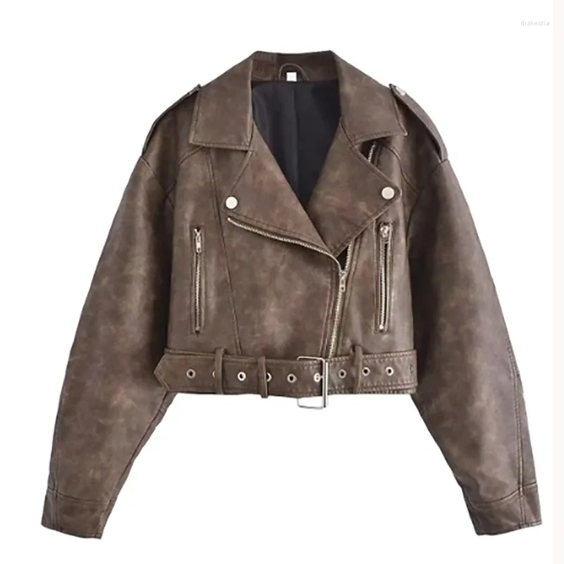 Giacca da moto bomber in pelle scamosciata finta pelle da donna Cappotto marrone vintage Cappotto corto con cerniera chic Cappotto streetwear da donna