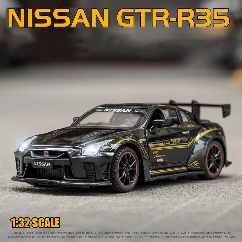 Aircraft Modle 1 32 Nissan Skyline Ares GTR R34 R35 DIECasts Pojazdy zabawkowe metalowy model samochodu Model High Simulation Back Kolekcja dla dzieci 231109