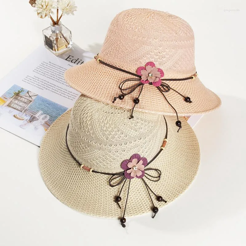 Chaps à bord large pour femmes pour 2023 Summer Sun Cap en cuir Corde fleur de fleur solaire respirable pliables dames et caps Gorras