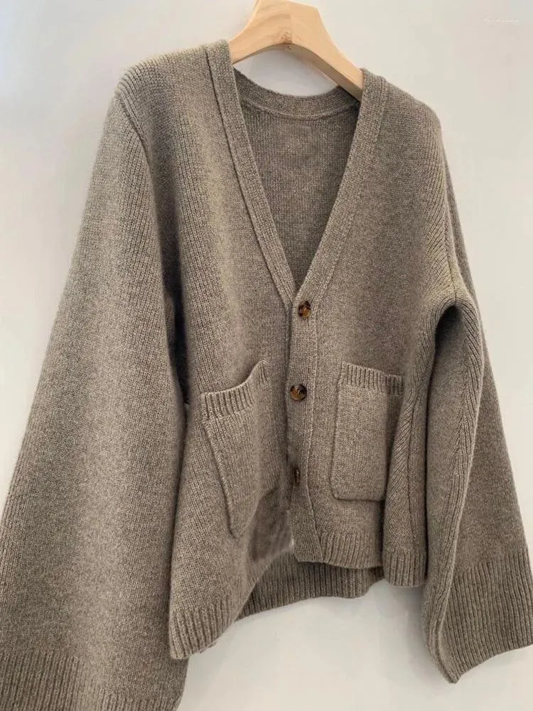 여자 니트 v- 넥 느슨한 슬라우지 니트 가디건 여성 회색 얇은 스웨터
