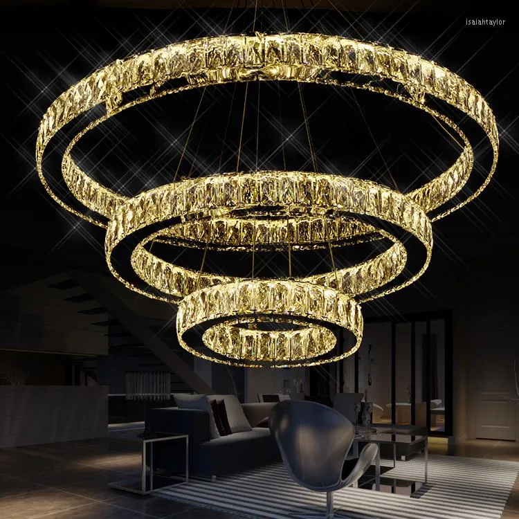 Pendelleuchten Einfaches Design 3-Ring-LED-Licht Transparent K9 Big Crystal Lights 110-220V Größe 70 50 20cm