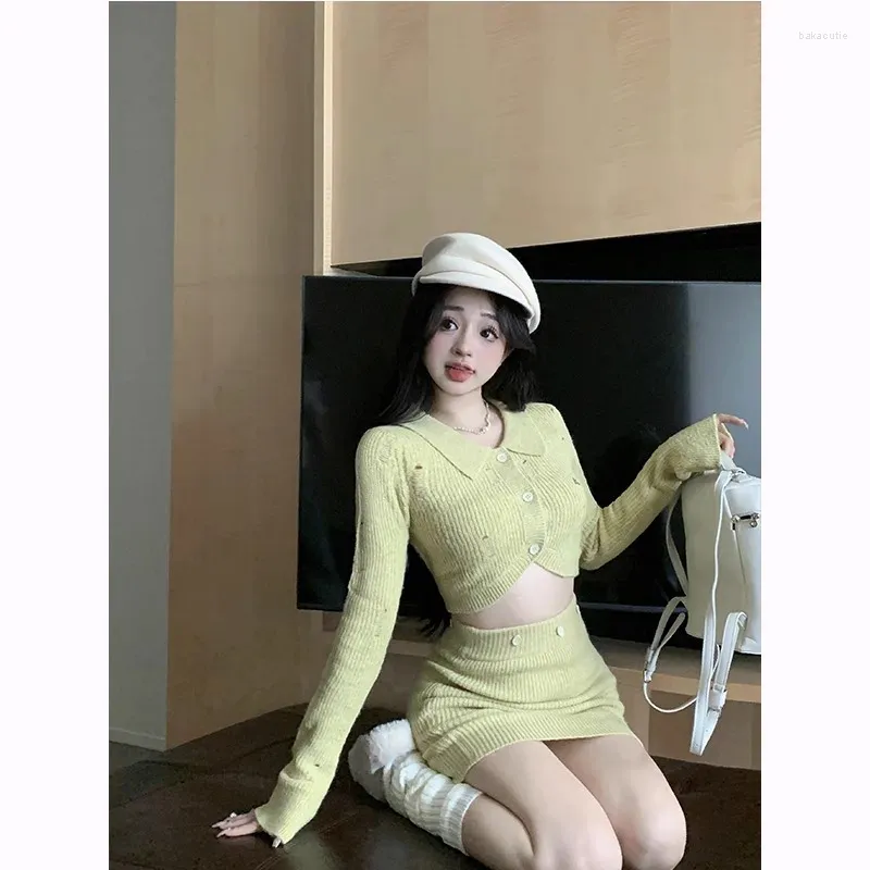 Work Dresses American Girls Suit Women's Autumn Polo-neck Knitted Cardigan High Waist Mini Skirt Two-piece Set Fashion Female Clothes
