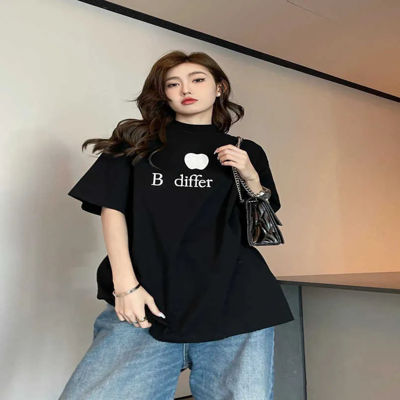 T-shirt da donna firmata High Edition Family Early Spring Summer T-shirt a maniche larghe unisex con ricamo Apple classico oversize