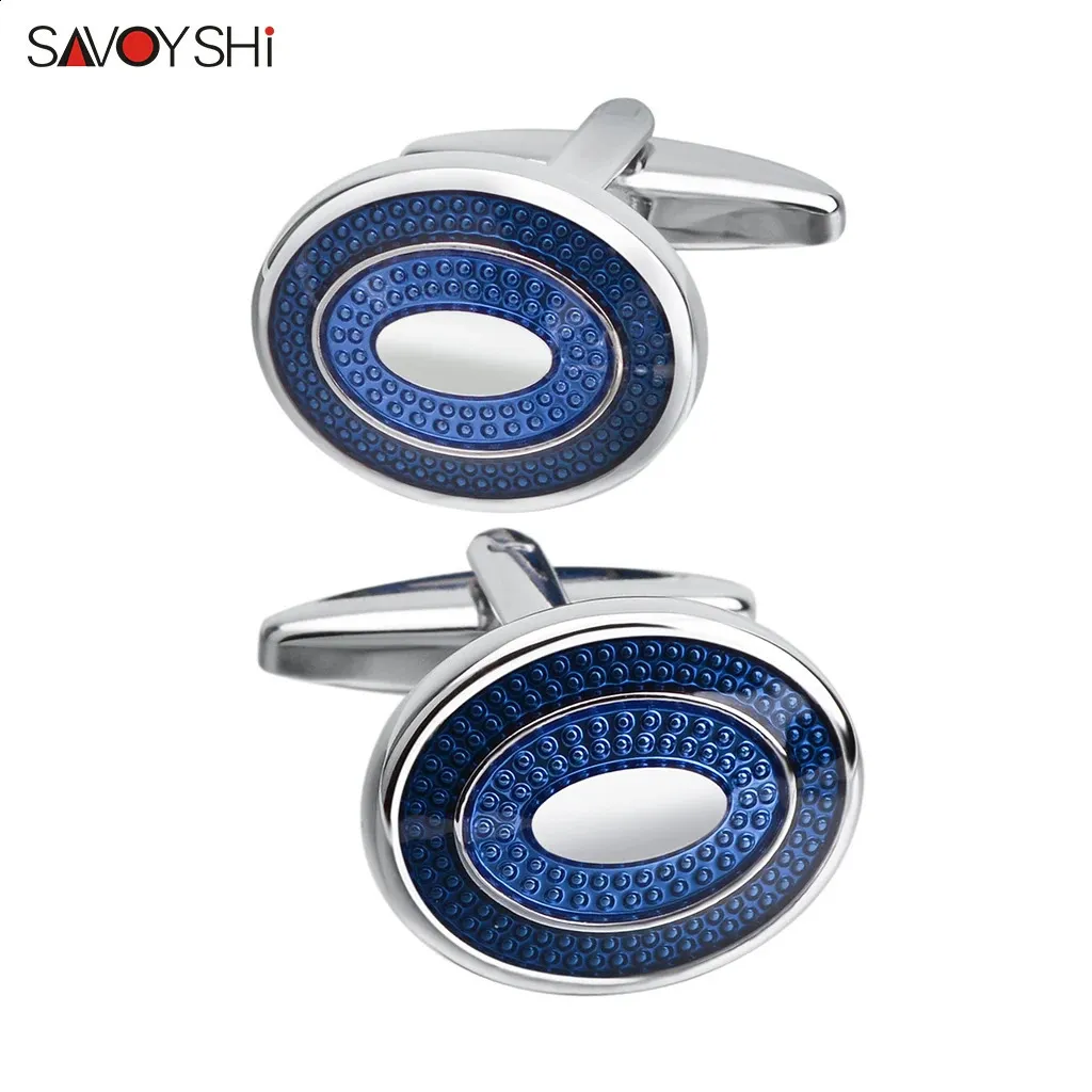 Manschettlänkar Savoyshi Classic Bussiness Manschettknappar för herrskjorta av hög kvalitet Oval Blue Emamel Cuff Button Special Gift Free Engraving Name 231109