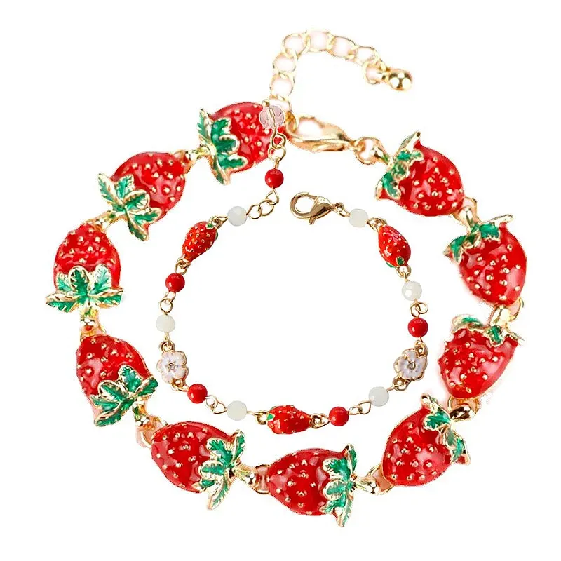 Red Strawberry Roses Charm Bracelet Bangles Kawaii Shiny Crystal Bracelets For Women Fruit Jewelry Accessory Girl Gifts