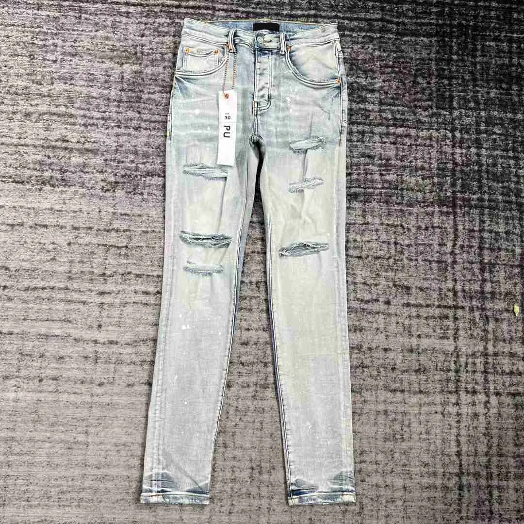 Jeans morados para hombres Jeans de diseñador Jeans ajustados Biker rasgados Pantalones pitillo rectos delgados Jeans apilados Jeans de moda Marca de tendencia para hombre Pantalón vintage para hombre F3JE