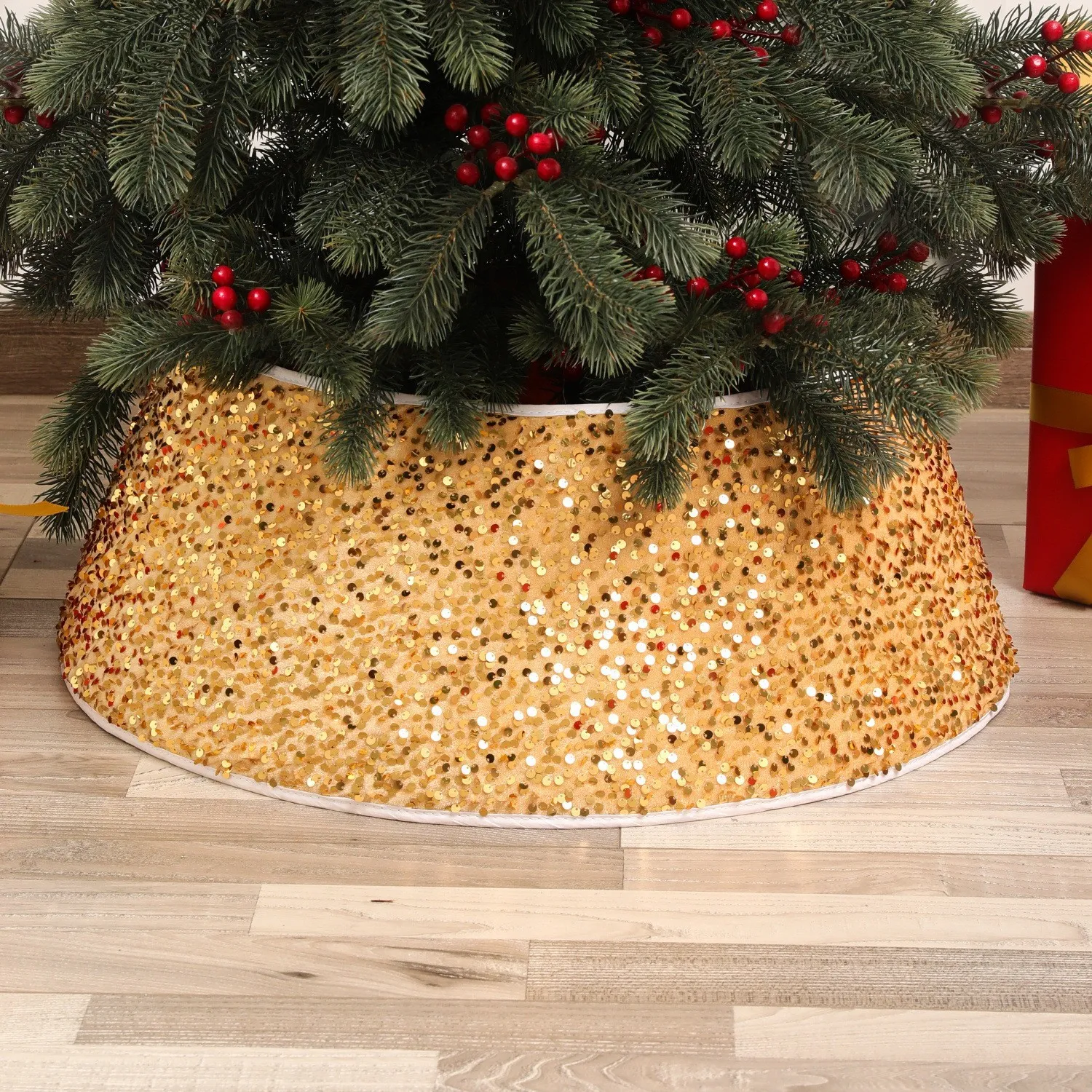 Weihnachtsbaumschmuck, Pailletten, Weihnachtsbaumsockel, Ornamente, runder und viereckiger Baumumfang
