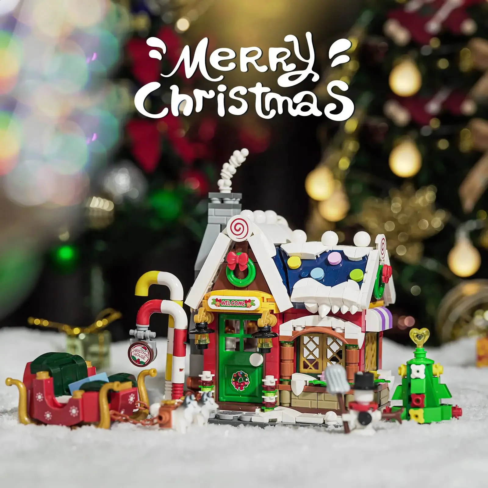 Diecast Model Christmas House Building Block sätter leksak med LED -lampor Santas Besök bra semesterpresterande idé för barn 231109