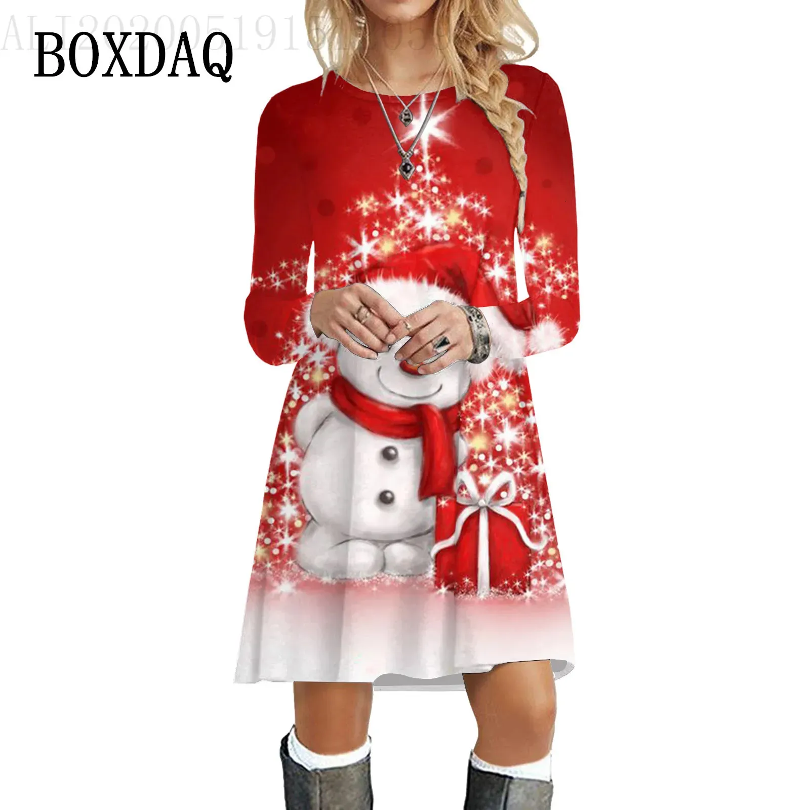 Podstawowe sukienki swobodne czerwone świąteczne sukienki na imprezę dla kobiet zima X-Mas Snowman Print A-line sukienka Casual Cute Long Rleeve luźna sukienka oversize 231110