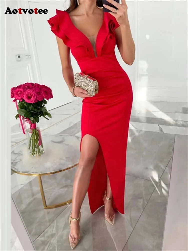 V Neck Midi For Women New Fashion Elegant Flying Sleeve Dress