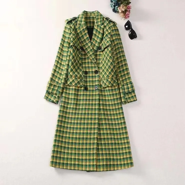 Robe pour femmes européennes et américaines 2023 hiver nouveau col de costume à manches longues double boutonnage vert à carreaux mode manteau en laine XXL
