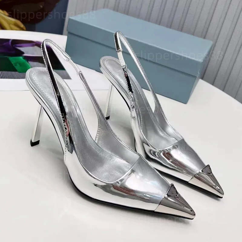 مضخات للنساء مصممة اللباس أحذية Slingback الكعب مدبب أخمص القدمين عالية الكعب أبيض أبيض الكعب الكعب مضخة رمال الصنادل المرأة المصبوبة بالجلد الفولاذ مضخة إصبع القدم