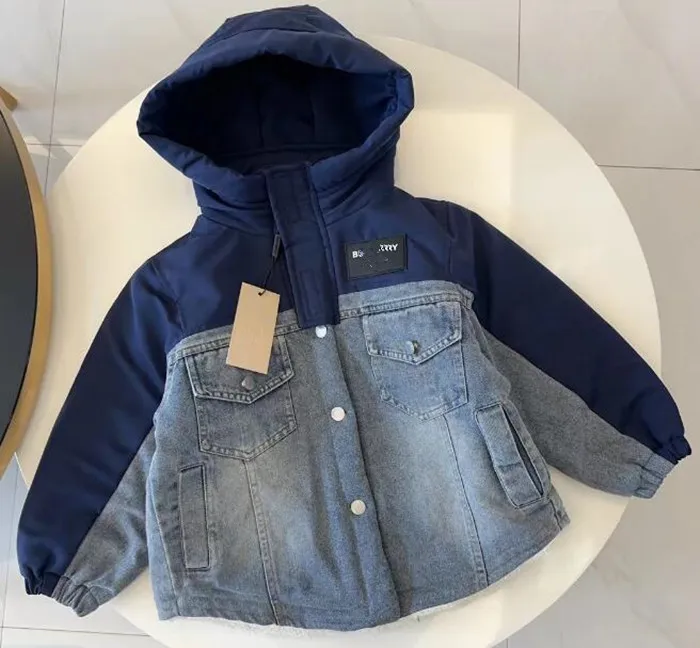 Children's fashion designer boys' winter B jacket with plush and thick denim patchwork cotton jacket