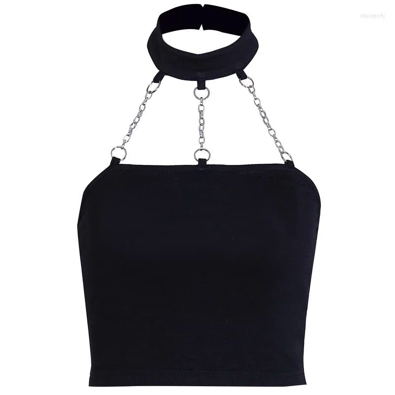 Women's T Shirts Black Solid Punk Gothic Halter Tops Women Streetwear Summer Strapless Sexy Bralette Crop Top With Metal Chains Hollow Out