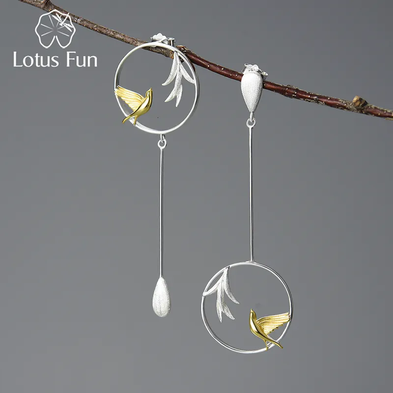 Dangle Chandelier Lotus Fun Boucles d'oreilles longues asymétriques en argent sterling 925 avec hirondelle et saule au vent de printemps pour femmes, bijoux fins 230410