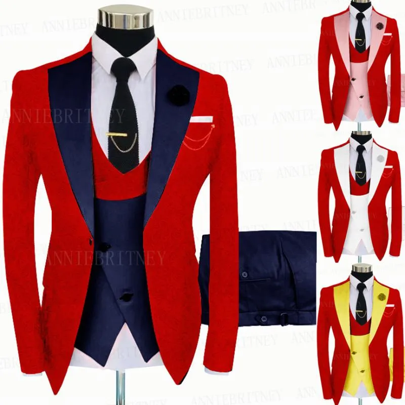 Mäns kostymer blazers jacquard röd kostym män 3 stycken anpassad brudgum bröllop tuxedo smal fit prom party blazer jacka dubbel bröstväst byxa