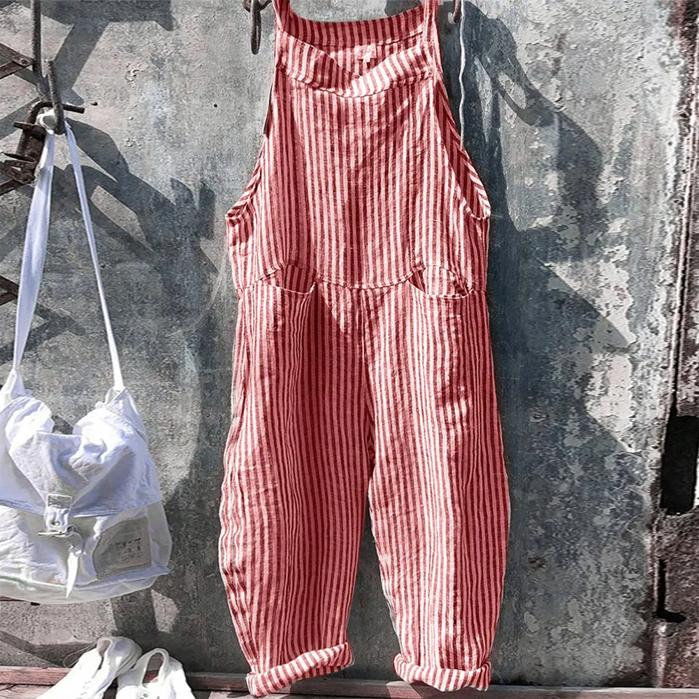 Kadın Tulumları Tulumlar Dihope Kadınlar Sıradan Çizgili Kolsuz Tulum Gevşek Uzun Askı Tulumları Pantolon Cepleri Biber Pantolon Yaz Ekose Romper 230410