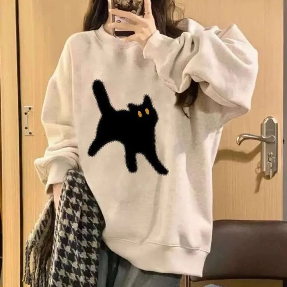 Han Fan Chic Dessin Animé Chat Pull femme Col Rond Printemps Et Automne Mince Lâche Décontracté Grande Longueur Moyenne Pull Haut