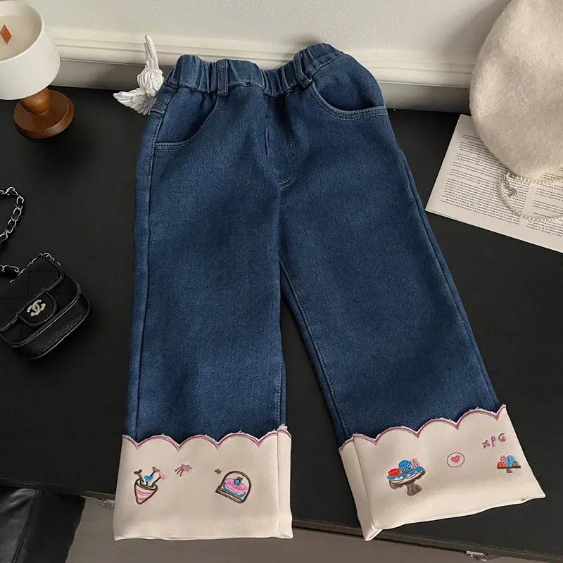 Höst/vintermode jeans för flickor med flänsade broderade flickors fleece -byxor