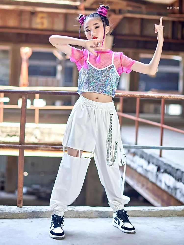 Vêtements de scène filles Costume de danse Jazz Hip Hop tenues de rue recadrée gilet à paillettes décontracté pantalon blanc enfants vêtements d'été BL8180