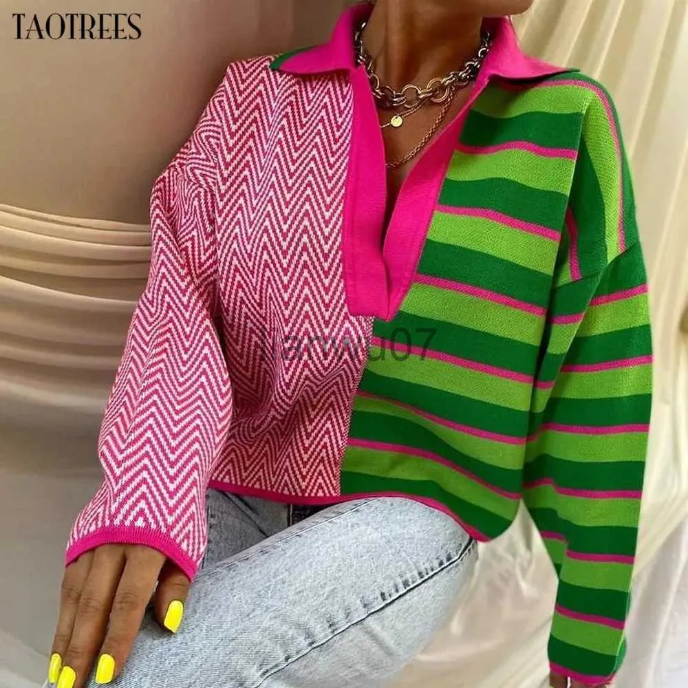 여성 스웨이터 Taotrees 여성용 니트웨어 니트 긴 소매 색상 블록 풀오버 풀오버 스트라이프 및 파도 패턴 옷깃 스웨터주기 J231110