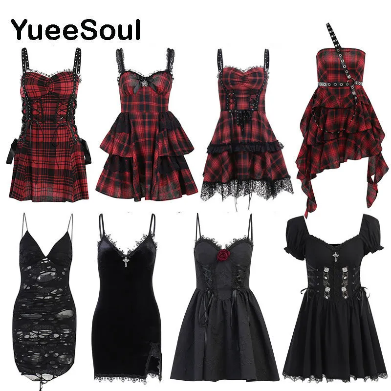 Sukienki swobodne Grunge Gotyckie kobiety koronkowe wykończenie wysokiej talii Bodycon Mini 2023 Summer E Girl Vintage Punk Harajuku Lolita Ubrania 220410