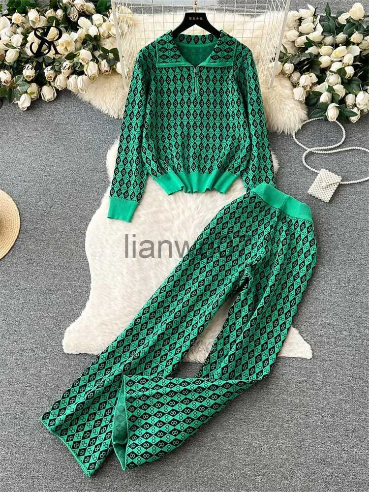 Women's Two Piece Pants SINGREINY American Retro Sweater Suits Zipper Polo Collar Loose Pullover+Wide Legs Long Pants Winter Thick Geometric Women Sets J231110