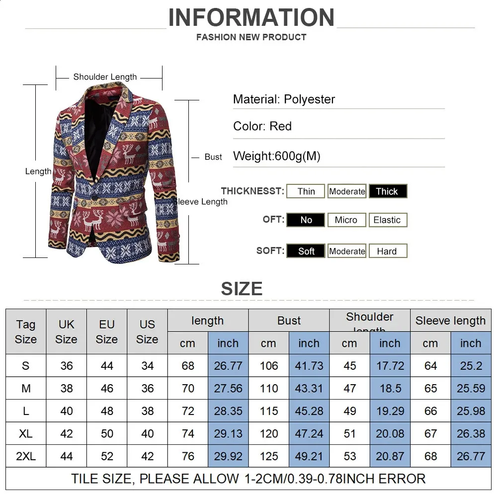 Costumes pour hommes Blazers Noël à manches longues Costume décontracté Veste Fair Isle Classique Rétro Jacquard Un Bouton Blazer Mode Masculino Vêtements 231110