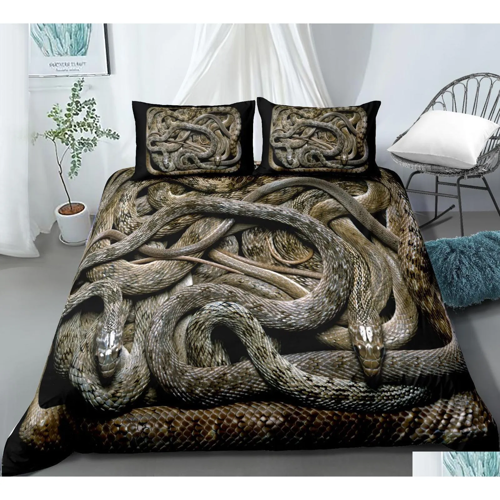 Ensembles de literie Ensemble de style serpent 3D pour chambre à coucher Couette douce Couvre-lit Linge de lit Couette et taie d'oreiller confortables 221208 Dro Homefavor Dhybc