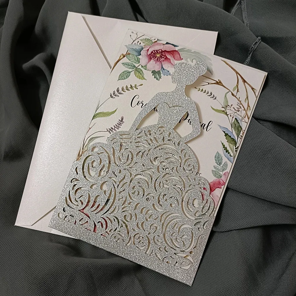 Cartes de voeux 10x Silver Glitter Quinceanera Invitation Fille Princesse pour Sweet 15 Fête d'anniversaire 231110