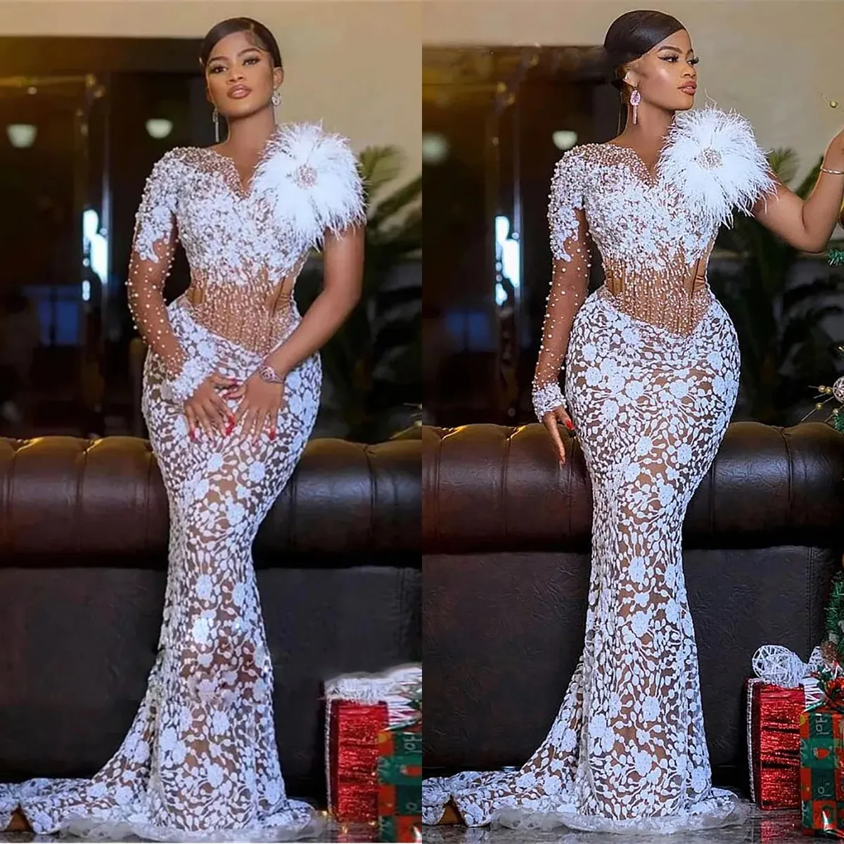 Elegant White Long Sleeves Mermaid Beading Long Party Dress Evening Gown, DP4954