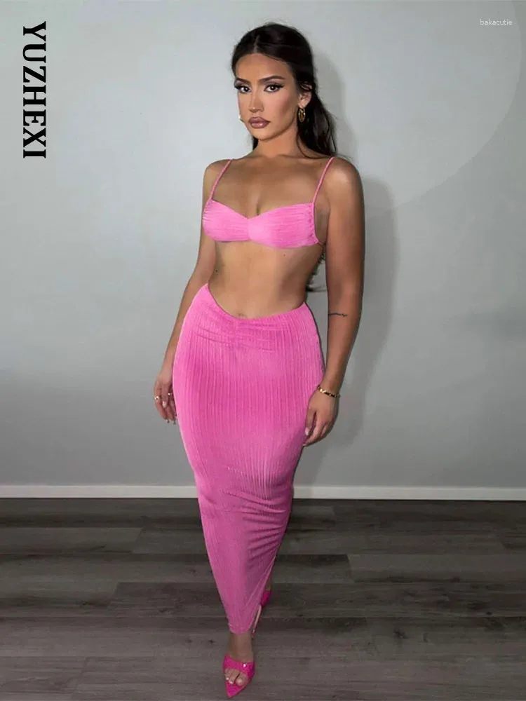 فساتين العمل Yuzhexi الأنيقة شارع High Street Bra Top Tube Skirt من قطعتين مجموعة من النساء الصيفية الدانتيل