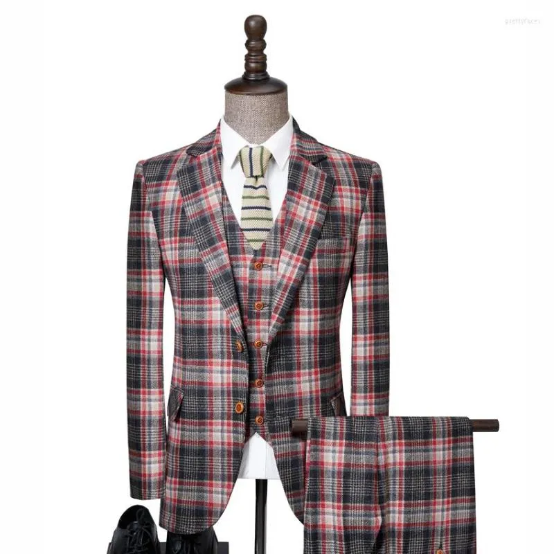 Herrenanzüge Tweed Herren Maßgeschneiderter Plaid Terno Hochzeitsanzug 2 Knöpfe Bräutigam Smoking 3 Nach Maß (Jacke Hose Weste)