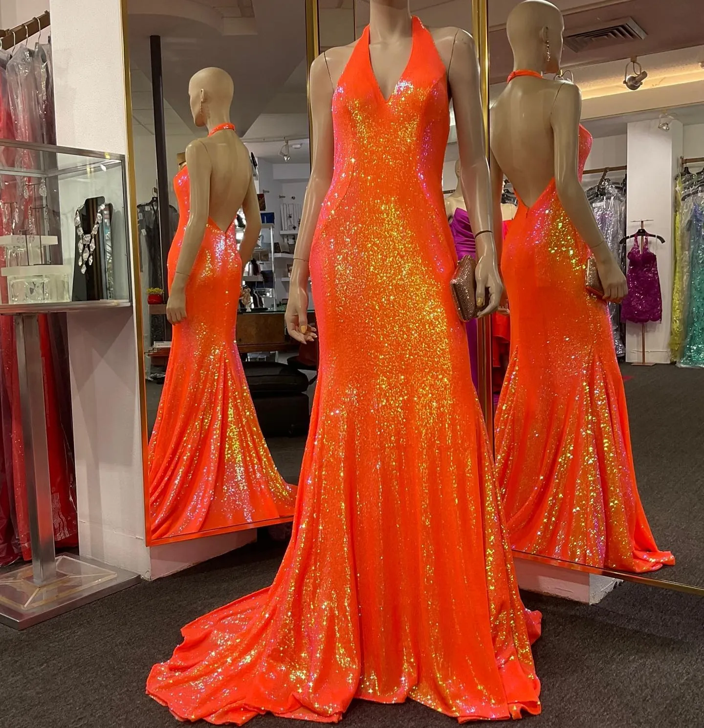 jeepersmedia debs dress store Iridescent Orange Sequin Prom Dress Plunging Halter Neck Evening Gown,  Fitted Formal Party Dress, Mother of the Bride