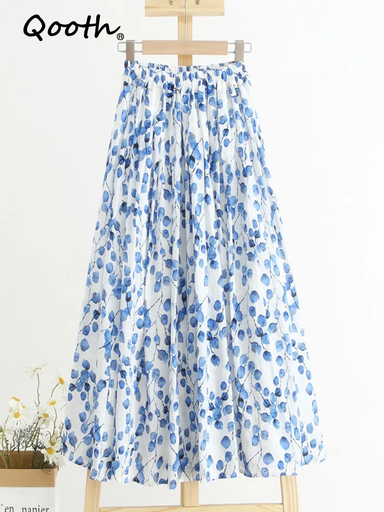 Kjolar Qooth Spring Summer Women's High midja Blue Print Dress Cotton Linen Linen Casual MIDI Dress Qt1716 230410