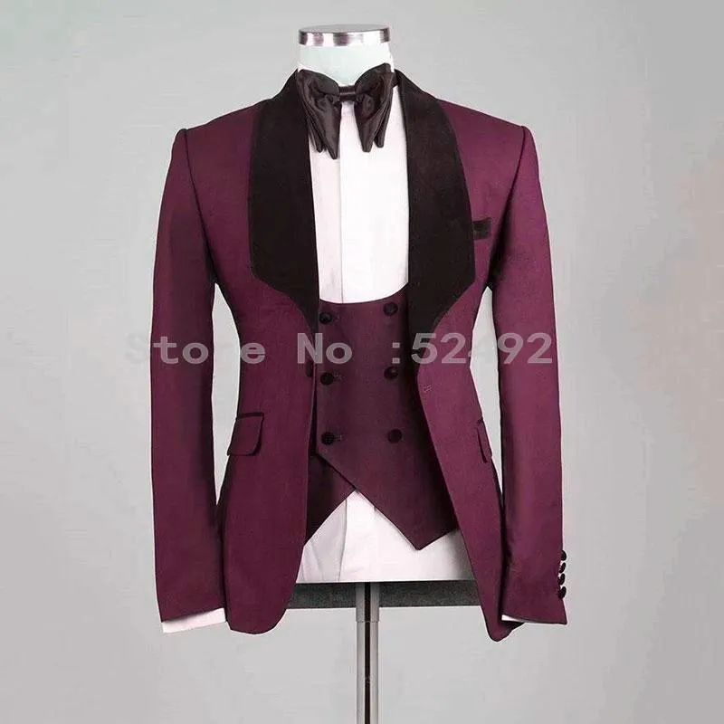 Mäns kostymer blazers brudgummen burgundy brudgummen smoking sjal svart sammet lapel mens bröllop man 3 stycken (jacka byxor väst slips) c835