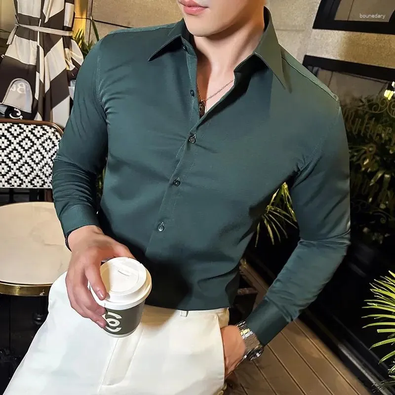 Mannen Casual Shirts 2023 Herfst Mode Revers Shirt Mannen Lange Mouw Effen Kleur Slim Fit Zakelijke Jurk Sociale Feestkleding