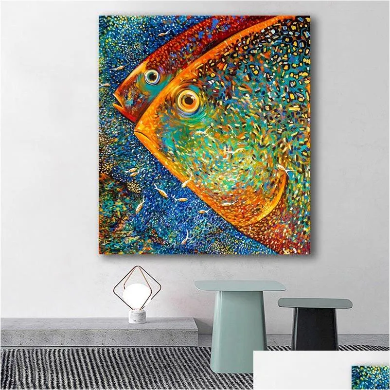 Dipinti astratti Colorf Pesci Pittura Poster e stampe Modern Cuadros Arte decorativa Immagini a parete per soggiorno Home Decor Dhzth