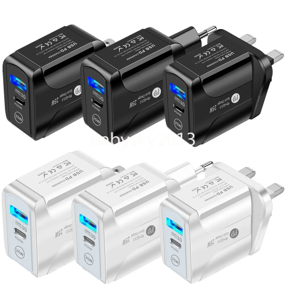 Carga rápida rápida 25W 18W 20W PD Tipo c USB c Carregador de parede UE EUA Reino Unido AC Adaptador de energia para viagem em casa para iPhone 12 13 X XR 14 15 Pro Max Samsung Lg B1 com caixa de varejo