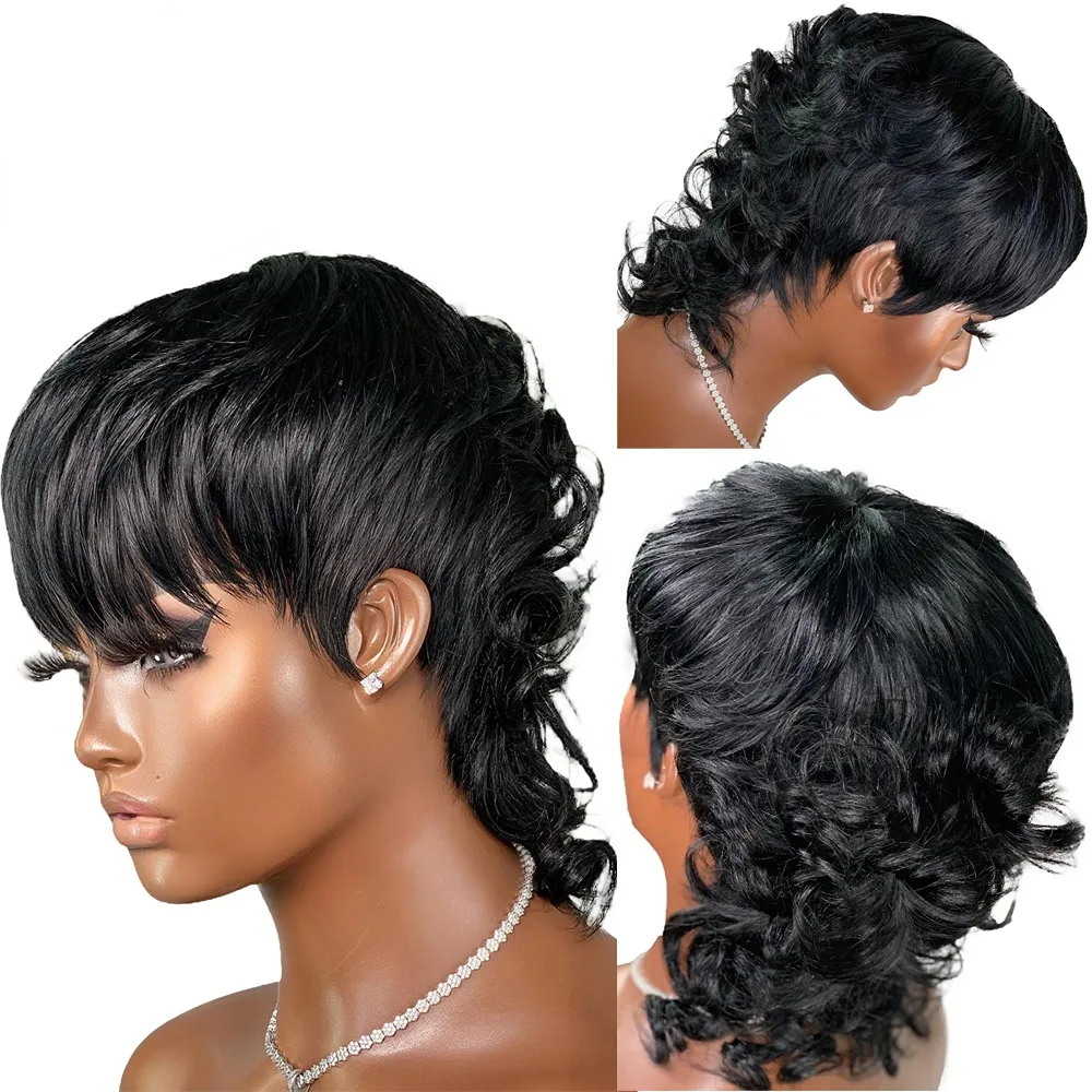 Fast Shipping Short Pixie Cut Wigs With Full bangs Wave Wavy Hair Peruvian Remy Human Hair Wig For Women Full Machine Made Wig Black