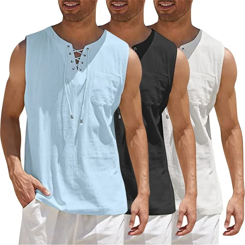 Men's Tank Tops Fashion Mens Summe Tank Tops Cotton Linen Casual Sleeveless Tops Loose Lace Up V-Neck Pocket Tees Shirts Male Streetwear 230410