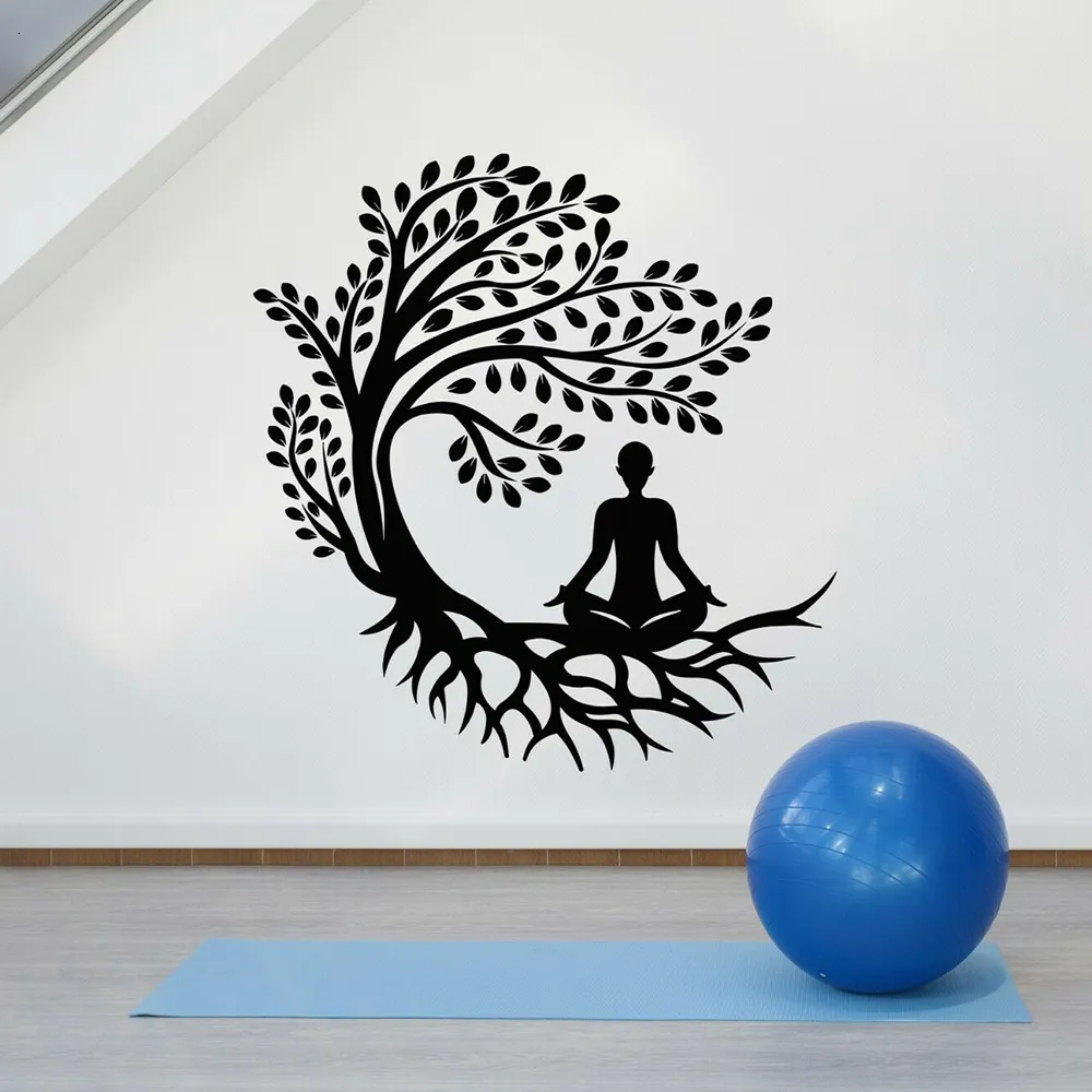 Adesivi murali Decalcomania da muro in vinile Radice dell'albero Foglia Decorazione della stanza di yoga Adesivo per la meditazione Ragazza Yoga Postura Meditazione Zen Adesivo per il rilassamento 230410