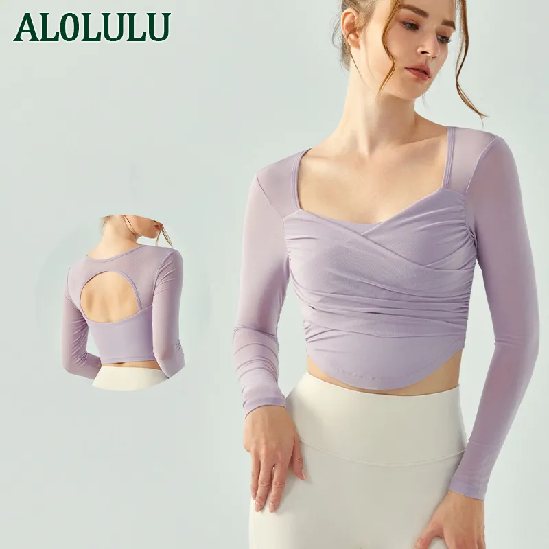 AL0LULU с логотипом Одежда для фитнеса Женские высокоэластичные короткие топы с длинными рукавами Тонкие футболки для танцев